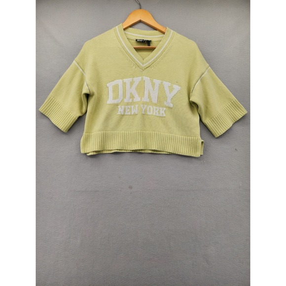 DKNY Jeans Sweaters - DKNY Jeans XS Cropped Knit Sweater Lime Green Logo Short Sleeve V-Neck Top